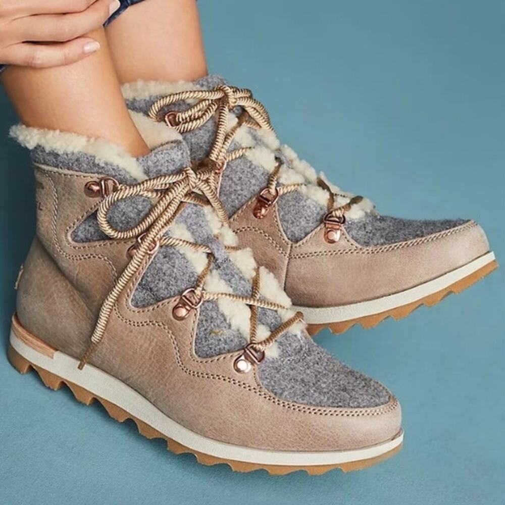 Sorel Sneakchic Alpine Faux Shearling Nubuck Waterproof Tan Grey Gold Narrow